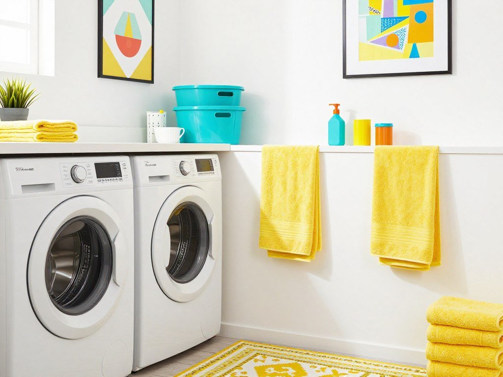 white laundry room with bright yellow and turquoise accent decor