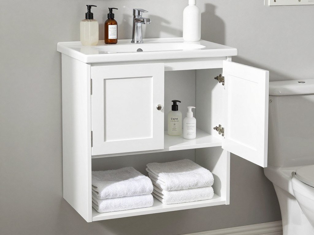 white over toilet cabinet with closed and open storage
