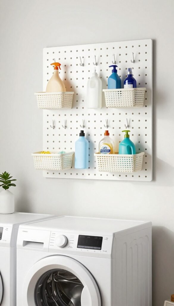 white pegboard wall organizer above top load washer with hooks and baskets in laundry room