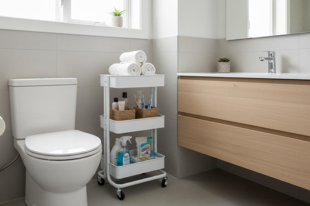 white rolling storage cart next to toilet in small bathroom