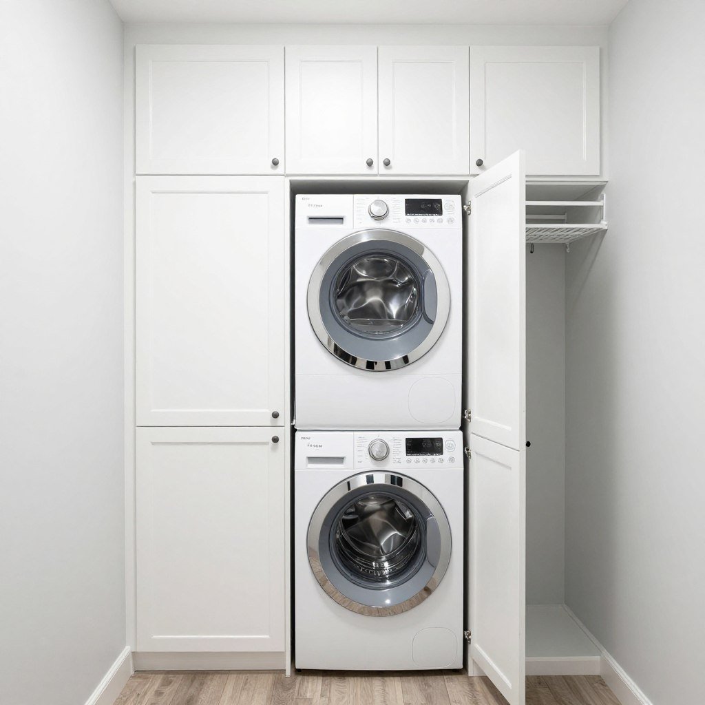 white shaker cabinets in compact laundry closet