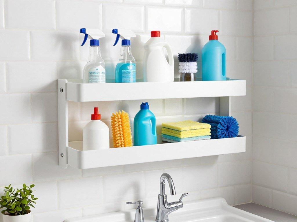 white shelf above utility sink holding cleaning supplies white shelf above utility sink holding cleaning supplies
