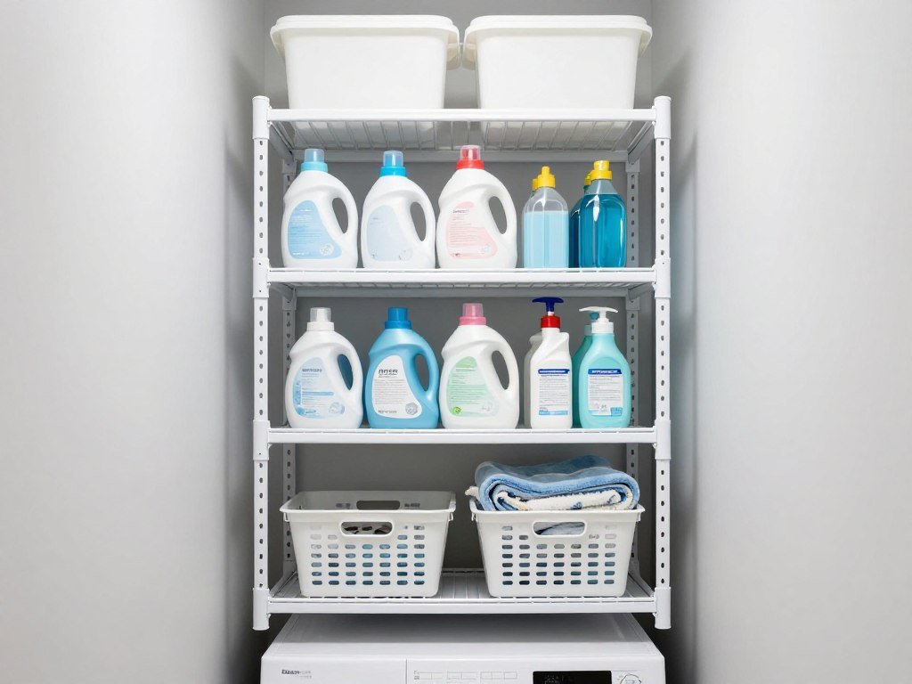 white shelving unit above compact washer dryer with organized supplies white shelving unit above compact washer dryer with organized supplies