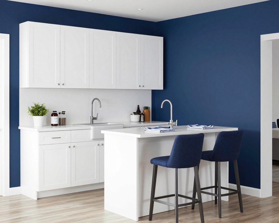 white small kitchen with navy blue accent wall and matching accessories