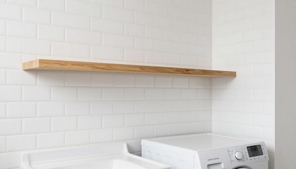 white subway tile backsplash behind top loading washer in laundry room with wood shelf