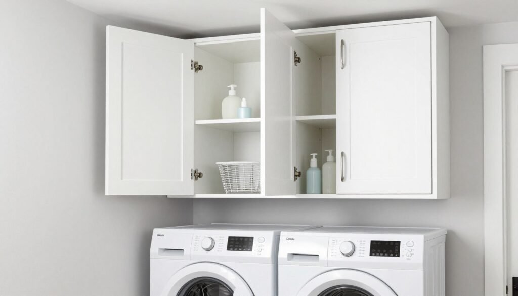 white upper cabinets in small laundry room above washer dryer
