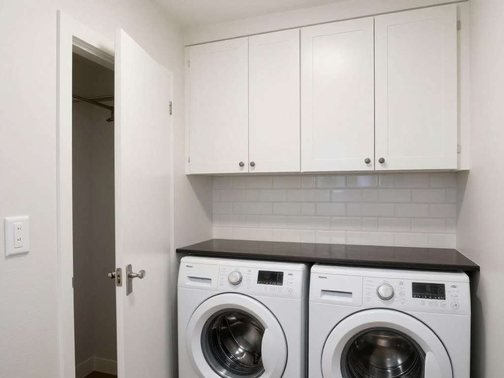 white wall cabinets in organized laundry room
