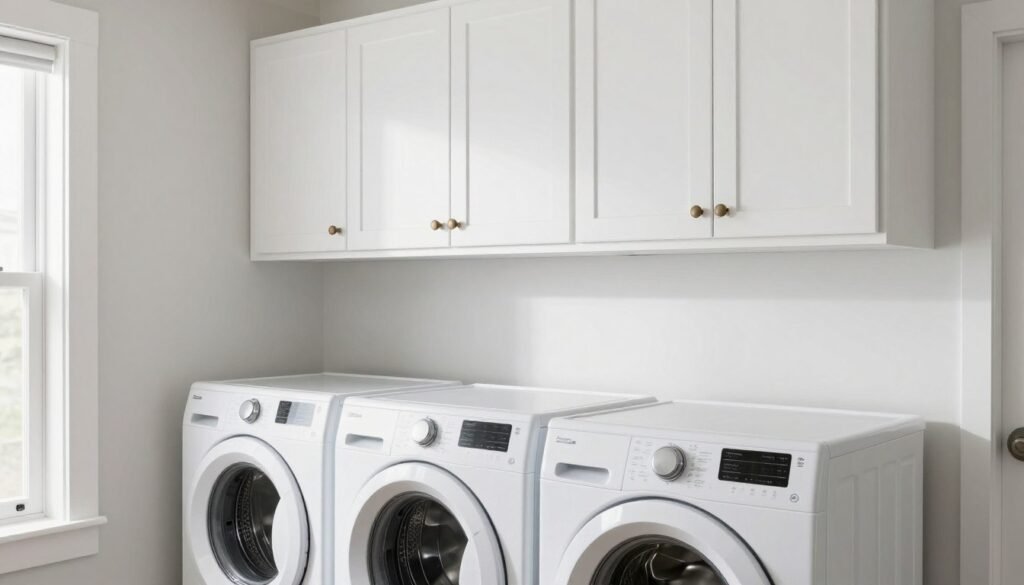 white wall cabinets installed above top load washer and dryer in laundry room with farmhouse style