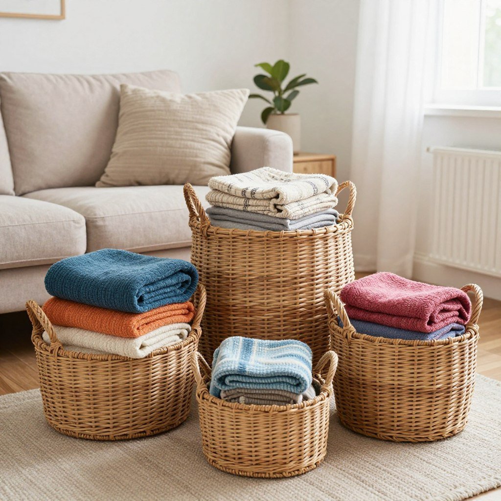 wicker baskets filled with folded blankets beside sofa