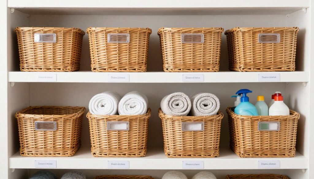 wicker baskets on shelves labeled for organization