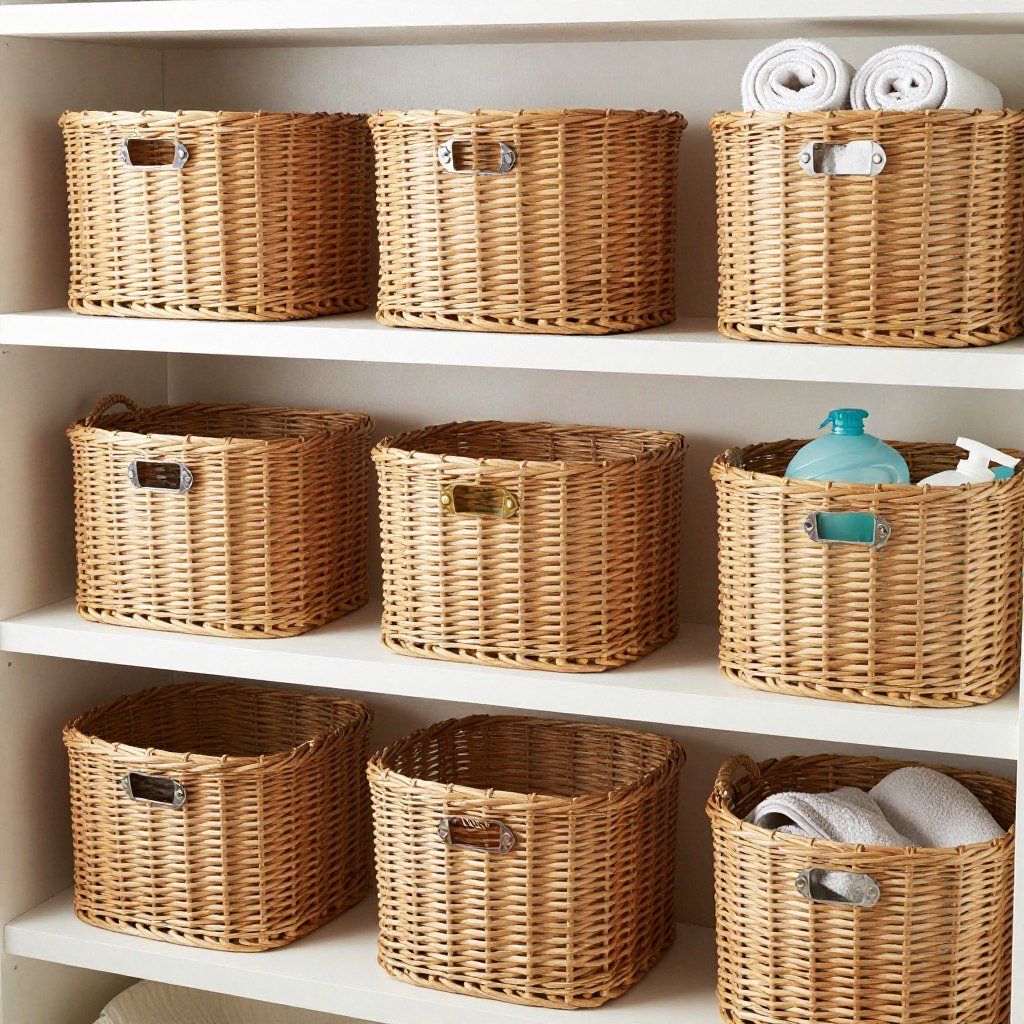 wicker storage baskets on laundry room shelves