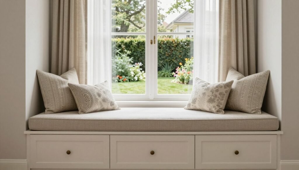 window seat with cushions and throw pillows in guest bedroom