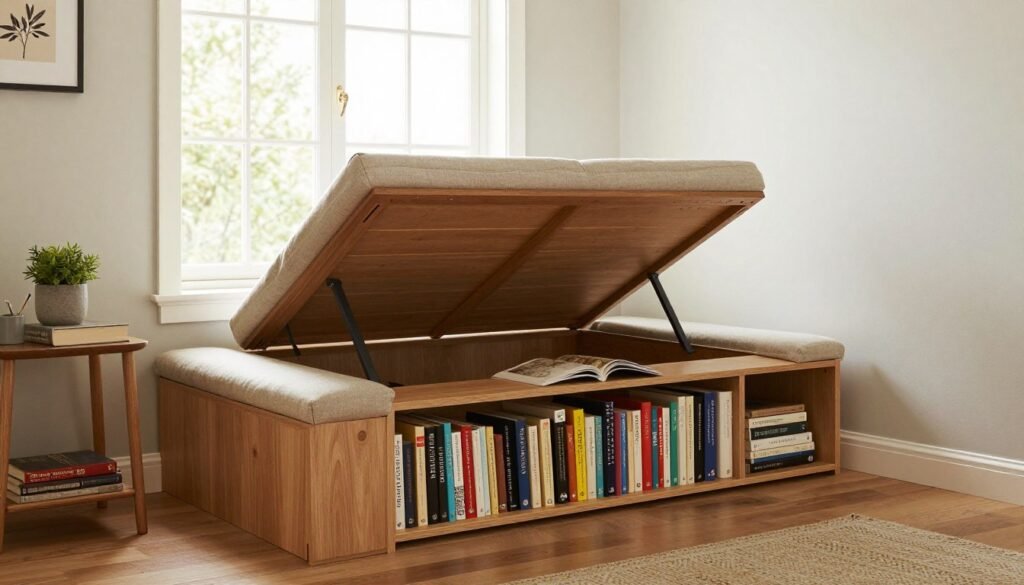 window seat with lift-up cushion revealing book storage underneath