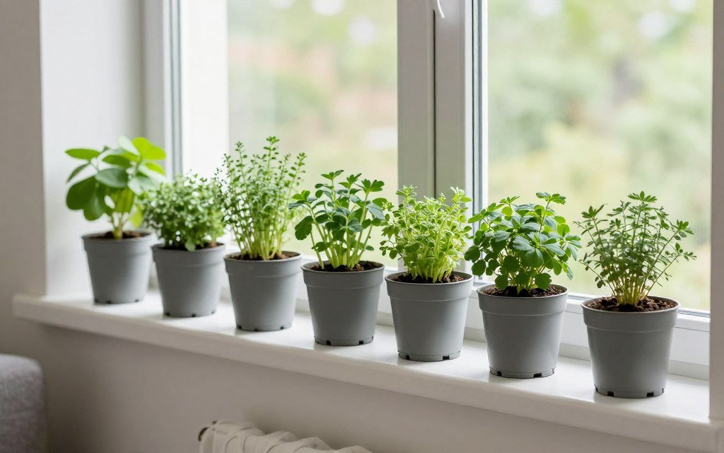 windowsill herb garden in small living room