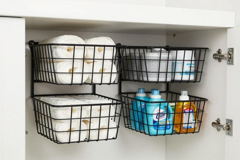 wire baskets hanging under cabinet shelf holding laundry supplies wire baskets hanging under cabinet shelf holding laundry supplies