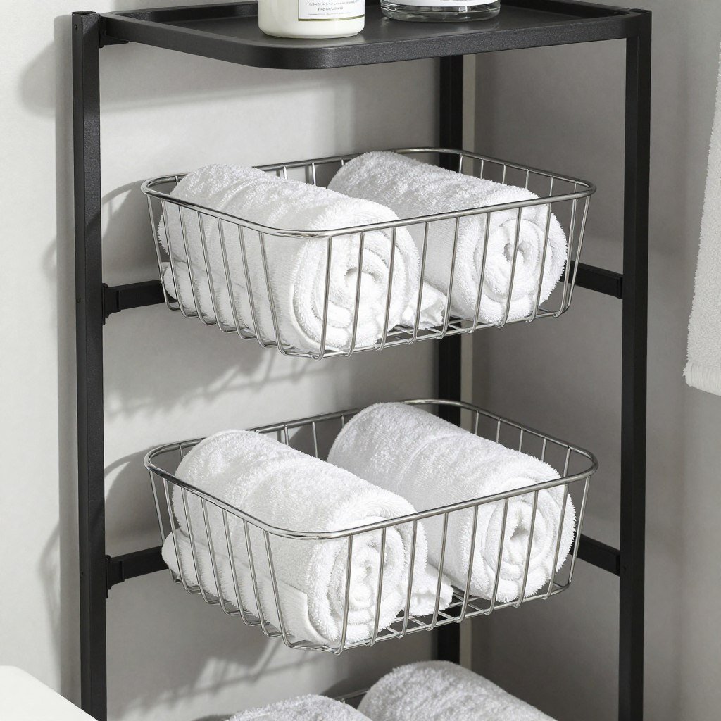 wire baskets with towels on shelf