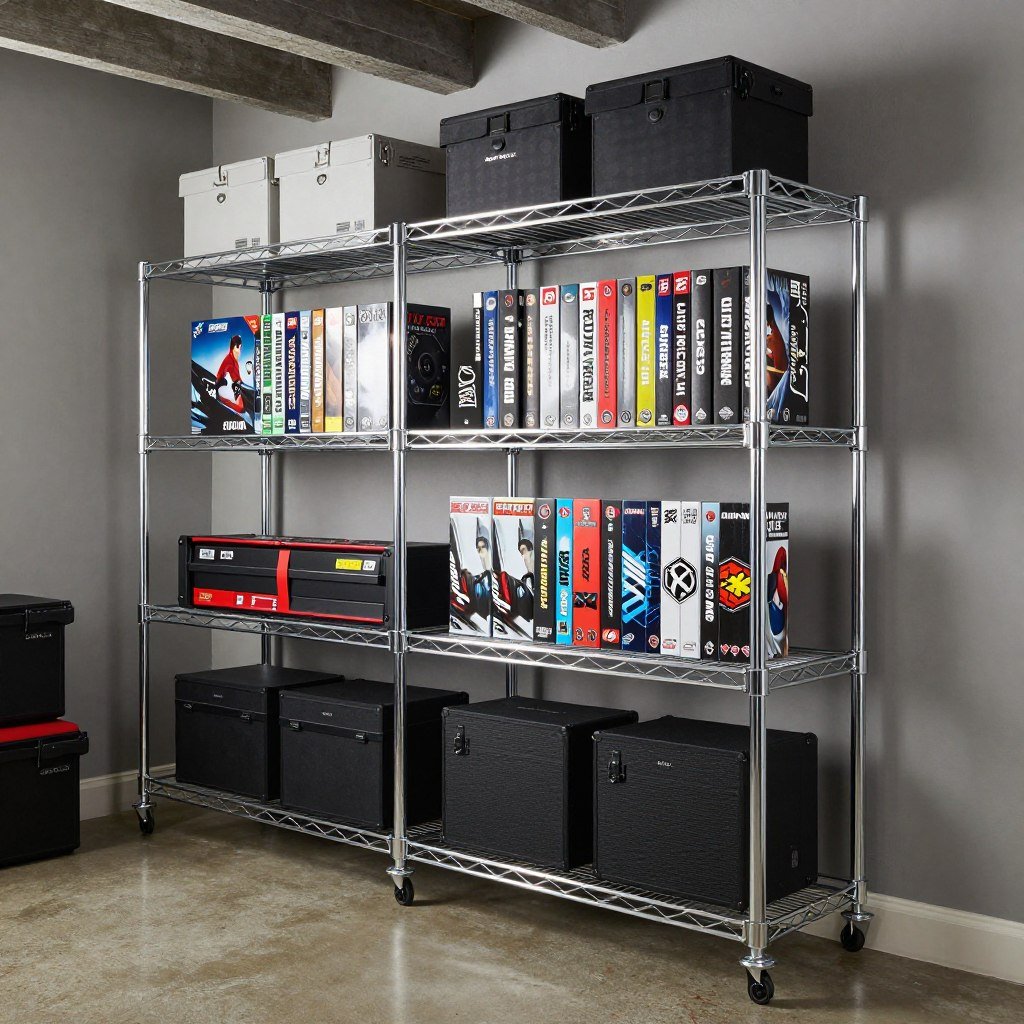 wire shelving unit in game room with board game collection