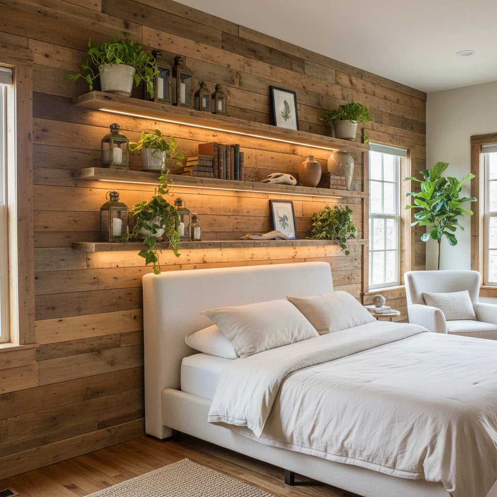 wood accent wall with decorative items