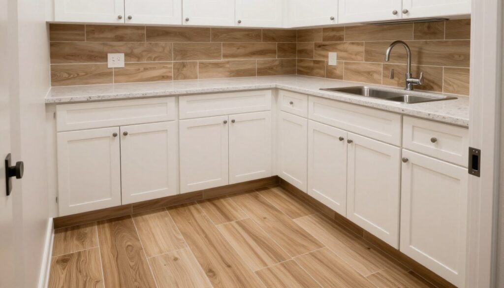 wood-look tile flooring in transitional laundry room