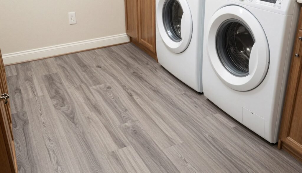 wood-look vinyl plank flooring in stackable washer dryer laundry room