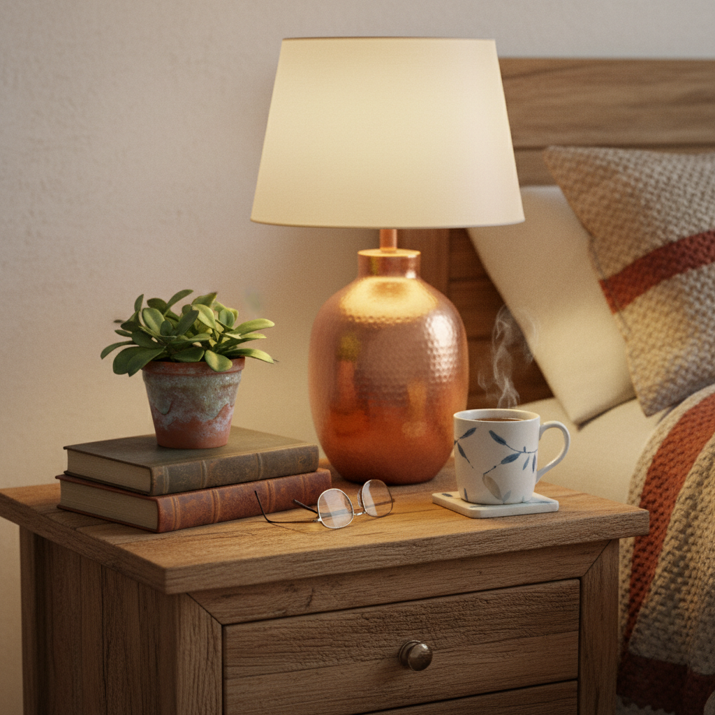 wooden bedside table with lamp and decor