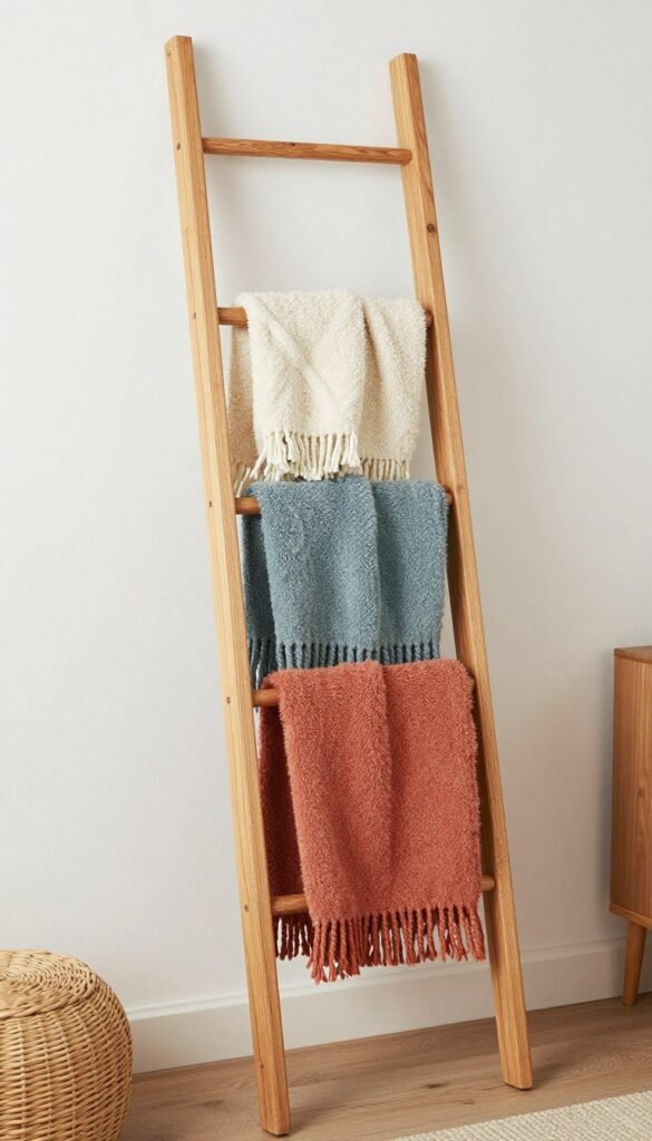 wooden blanket ladder against wall with neatly draped throws