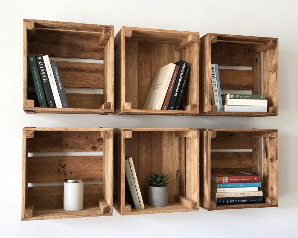 wooden crates mounted on wall creating rustic book storage