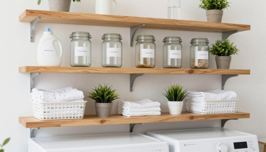 wooden floating shelves above washer dryer with organized laundry supplies