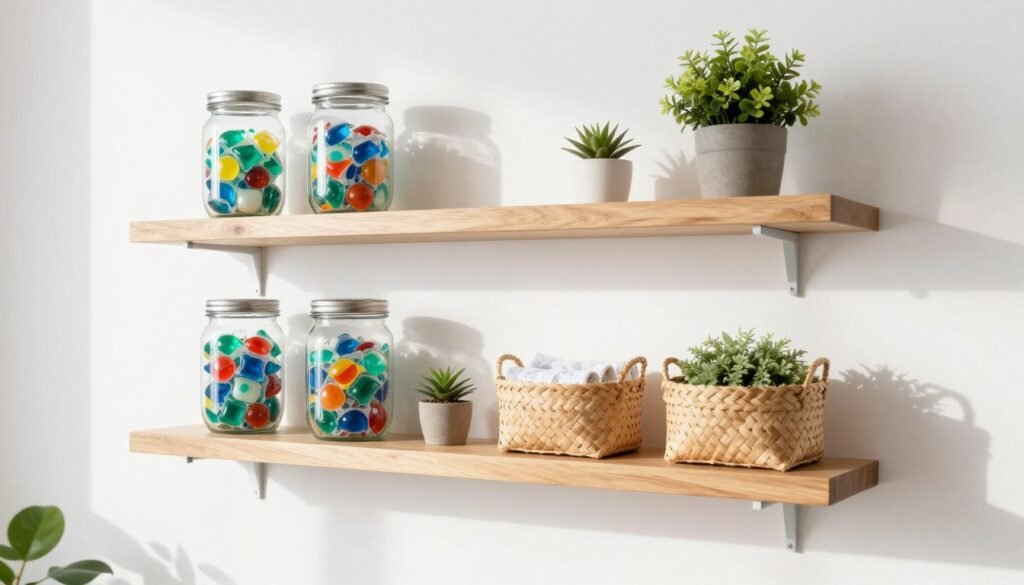 wooden floating shelves with organized laundry supplies