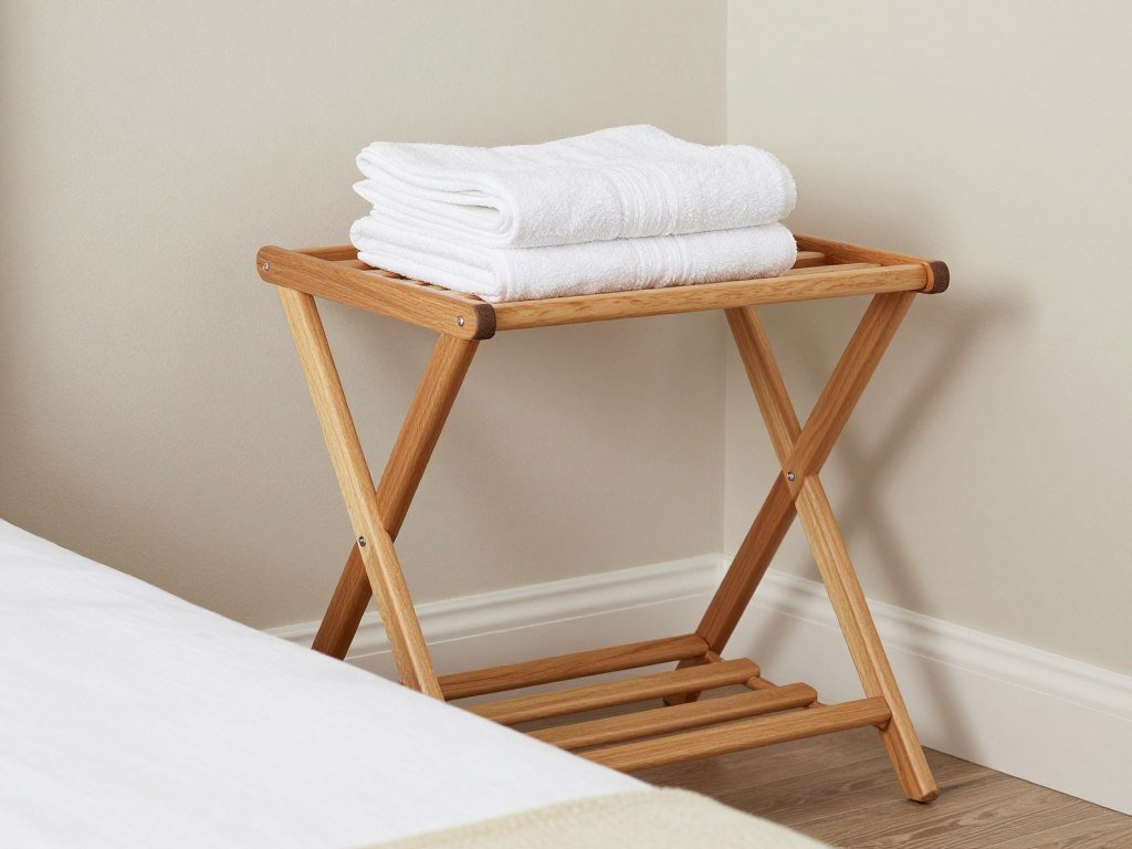 wooden luggage rack with folded towels in guest bedroom