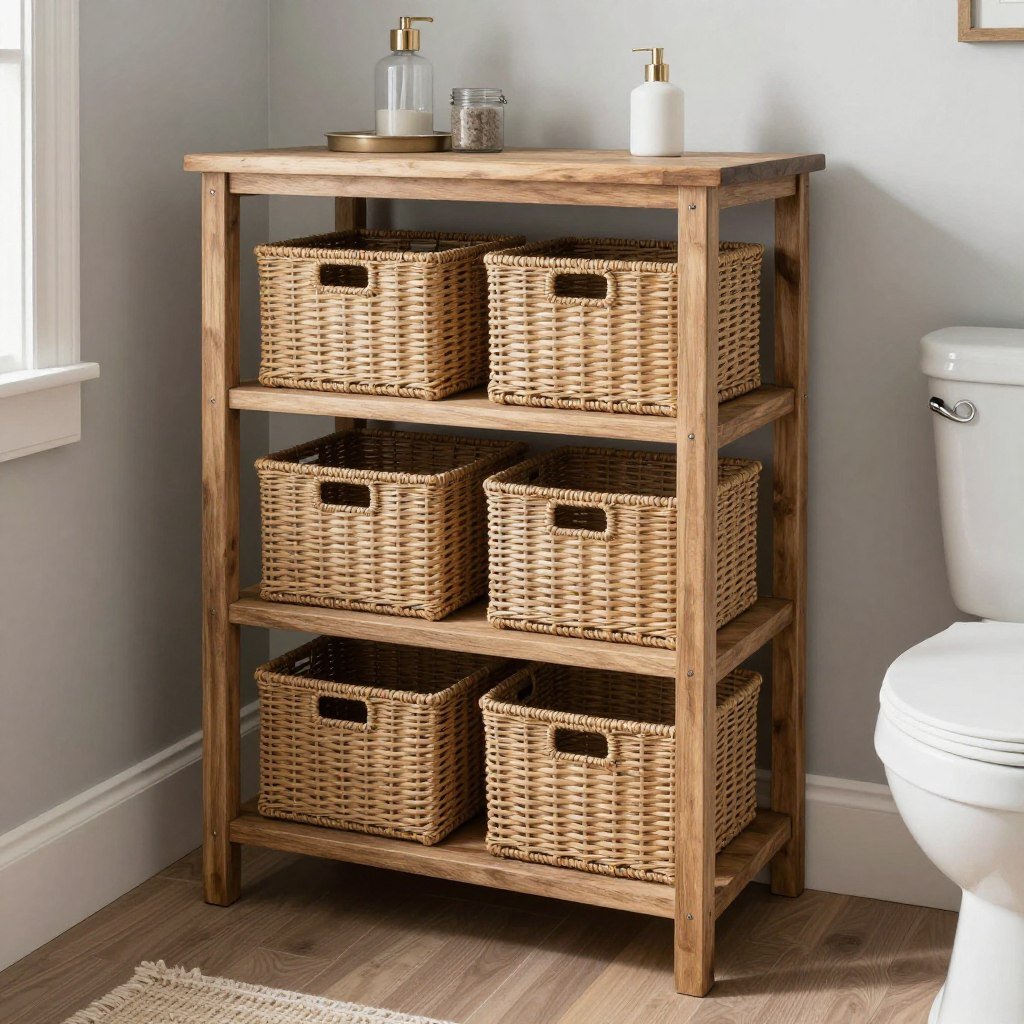 wooden three tier storage unit bathroom
