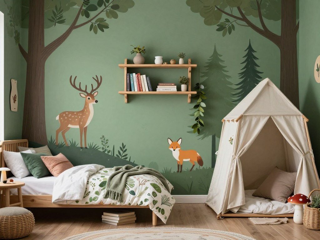 woodland-themed kids room with forest animals and nature elements