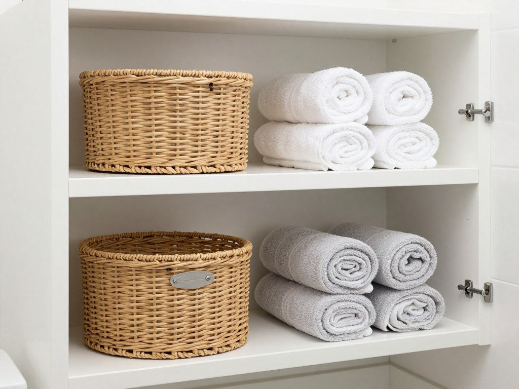 woven baskets storing rolled bathroom towels
