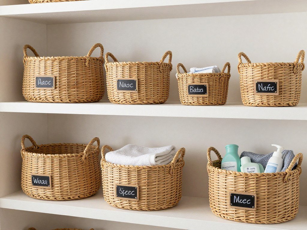woven seagrass baskets on white shelves holding laundry supplies woven seagrass baskets on white shelves holding laundry supplies