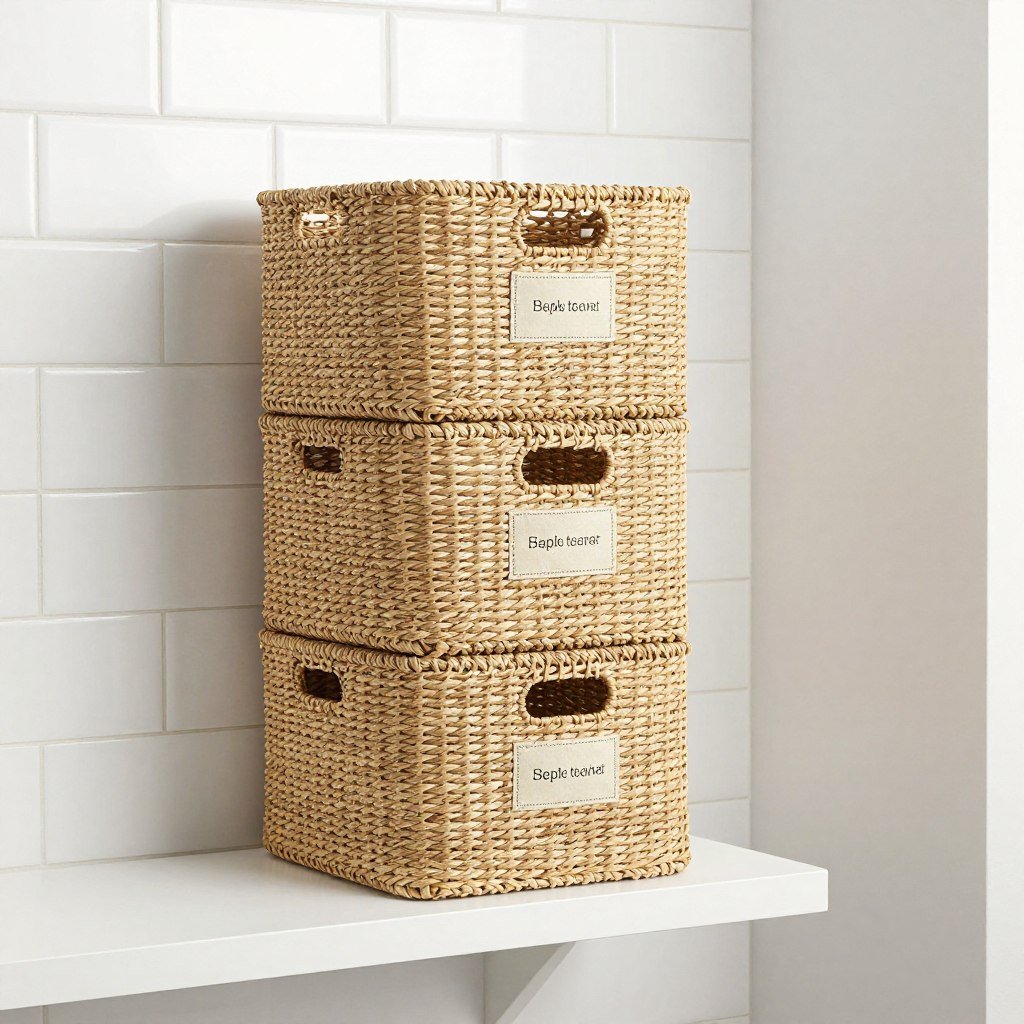 woven storage baskets on white shelving in laundry room