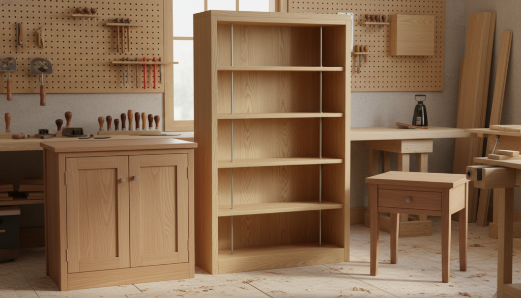 Advanced beginner woodworking projects including bookshelf and storage cabinet