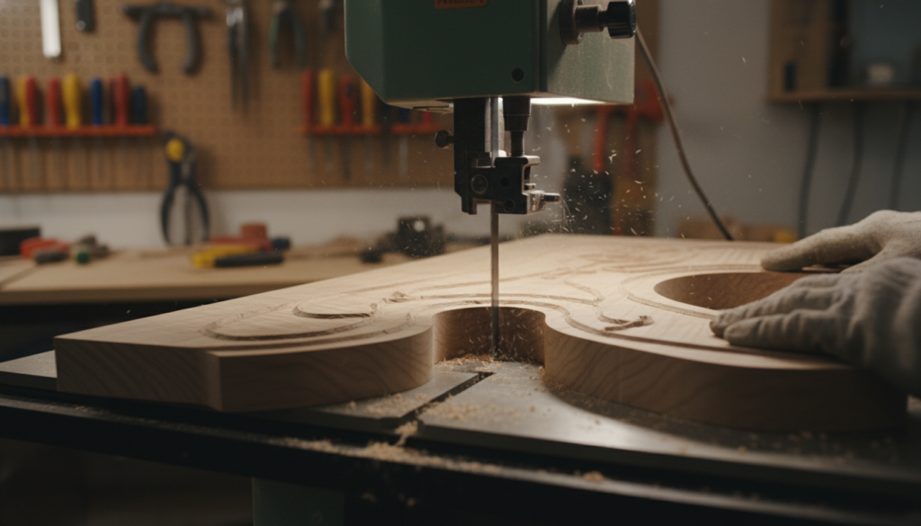 Bandsaw cutting curved wood piece