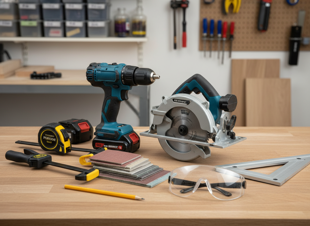 Basic woodworking tools arranged on workbench including drill, saw, and measuring tools