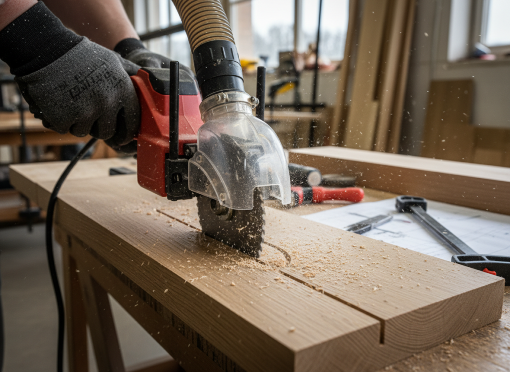 Biscuit joiner tool in action Biscuit joiner tool in action