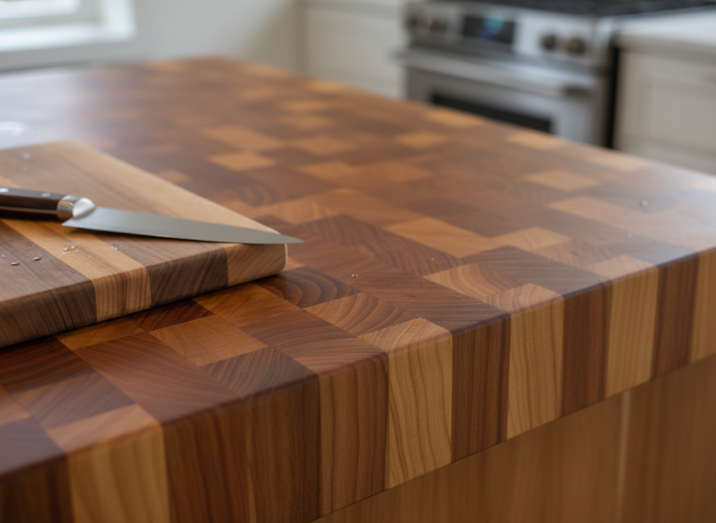Butcher block countertop showing wood grain detail and finish