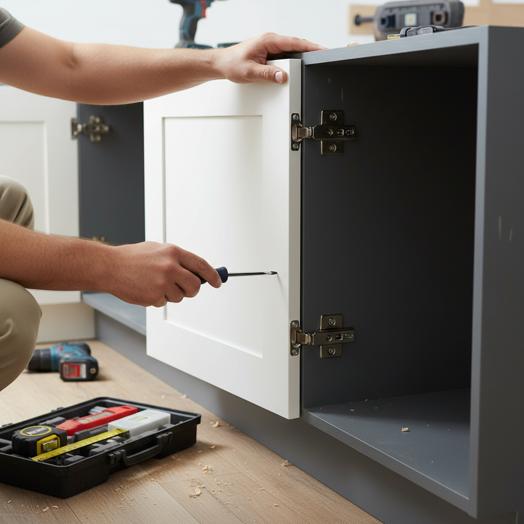 Cabinet door installation showing hinge placement and hardware