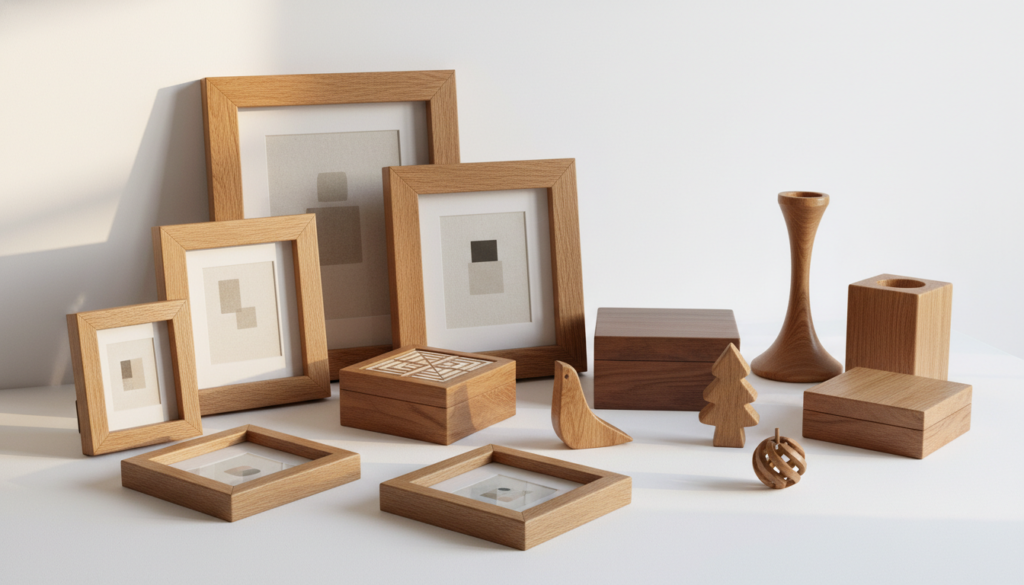 Collection of decorative wooden items including frames, boxes, and ornaments