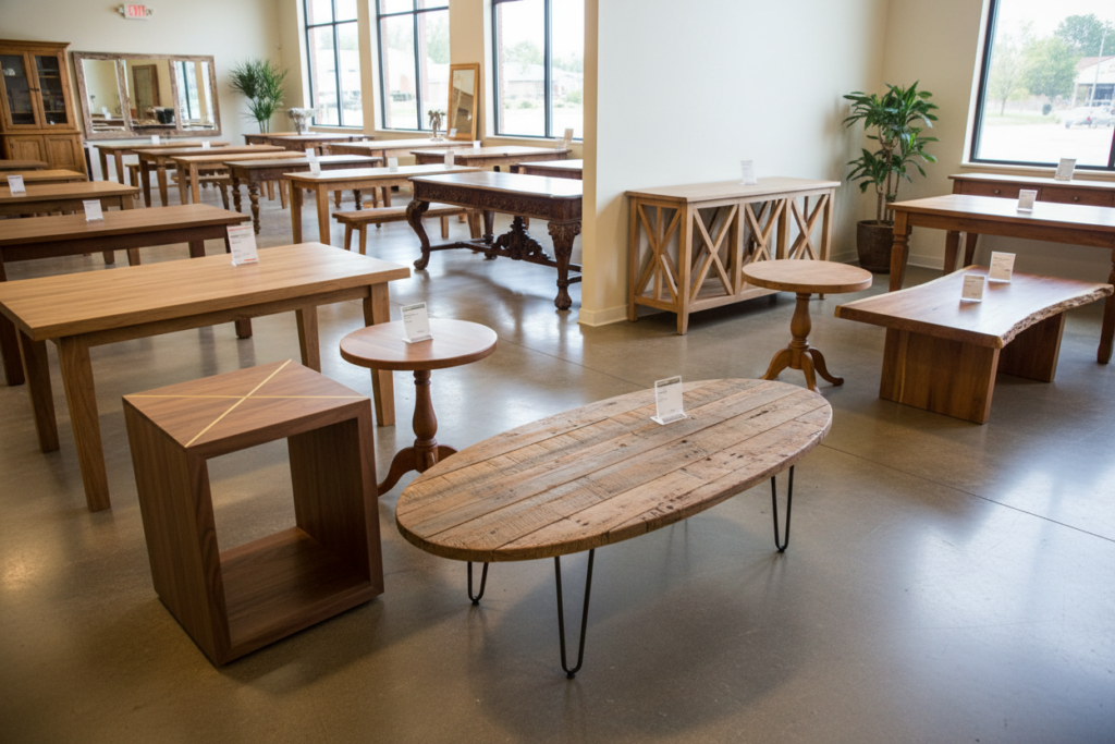 Collection of different wooden table styles showing design variety