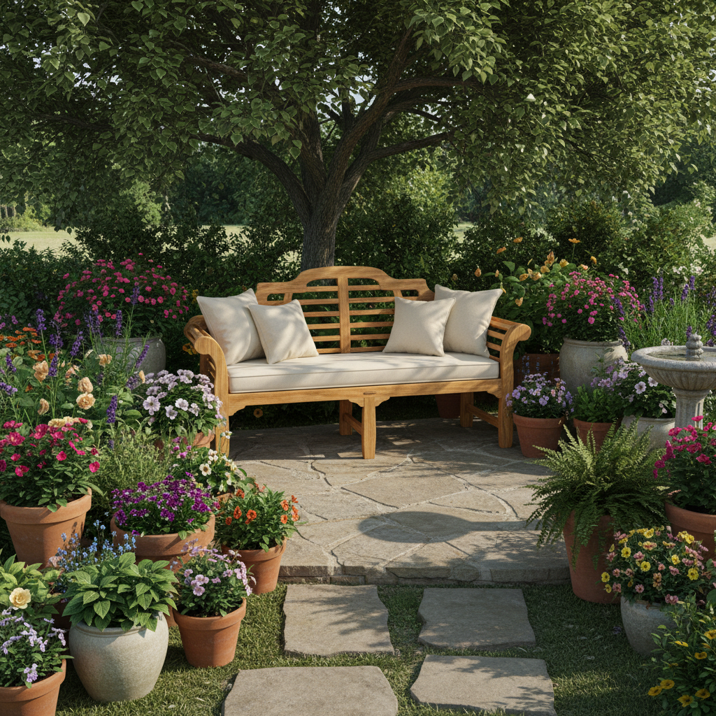 Comfortable wooden garden bench on patio surrounded by plants