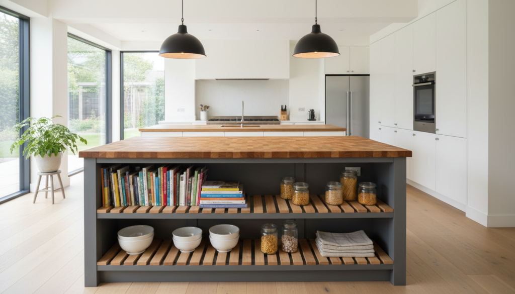 Custom DIY kitchen island with butcher block top and storage shelves