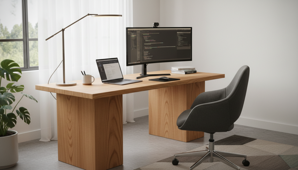 Custom wooden desk in home office with computer and organized workspace