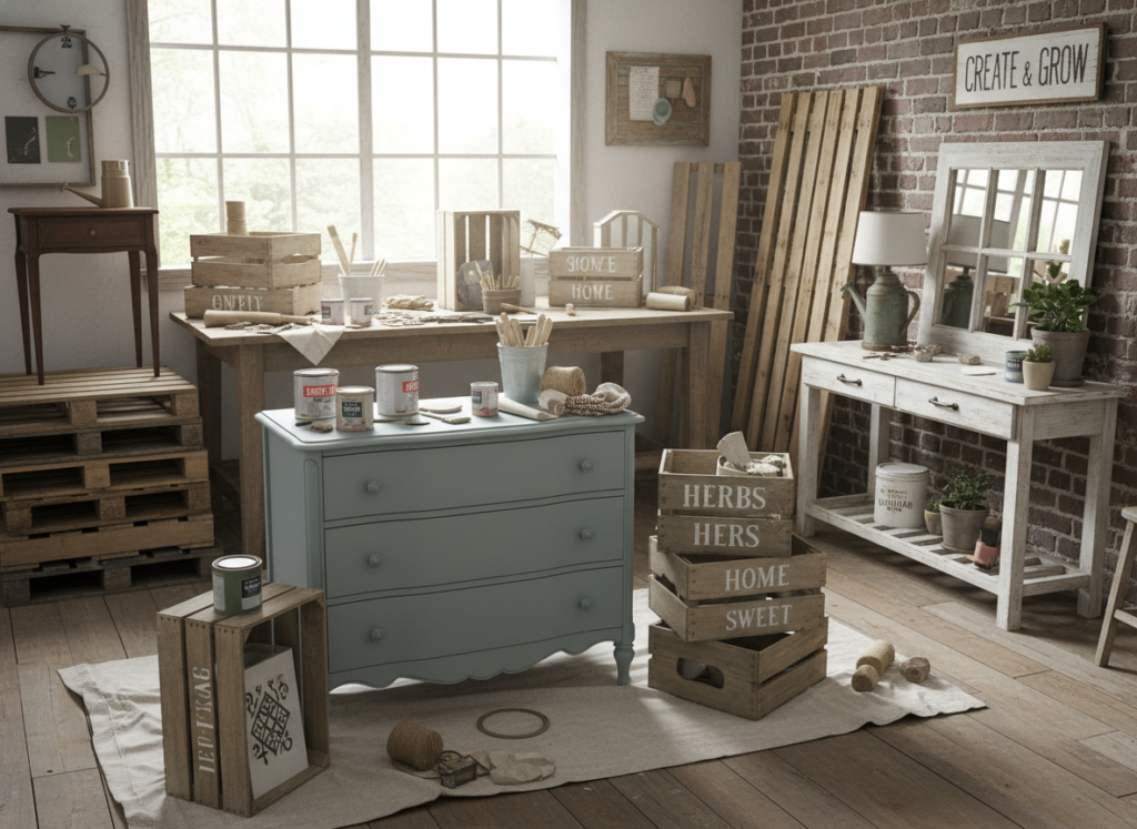 DIY homestead decor projects including painted furniture and repurposed vintage items