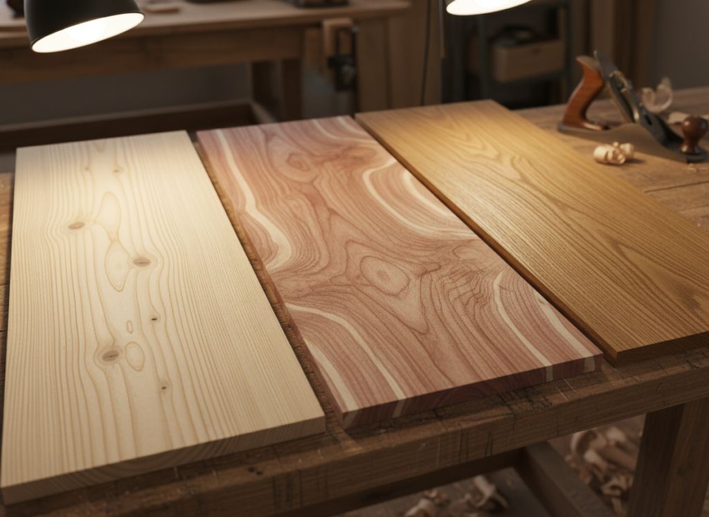 Different types of wood boards showing grain patterns and color variations