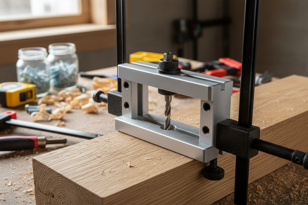 Doweling jig setup on wood Doweling jig setup on wood