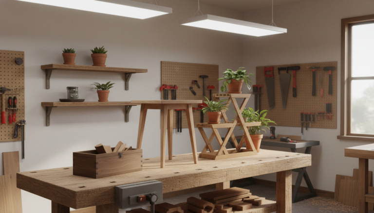 Easy woodworking projects with various DIY furniture pieces in a workshop setting
